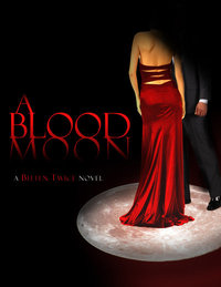 bookcover image for the book A Blood Moon shows a man and a woman standing on the image of moon, highlighted with a red tinted spotlight, about to dance