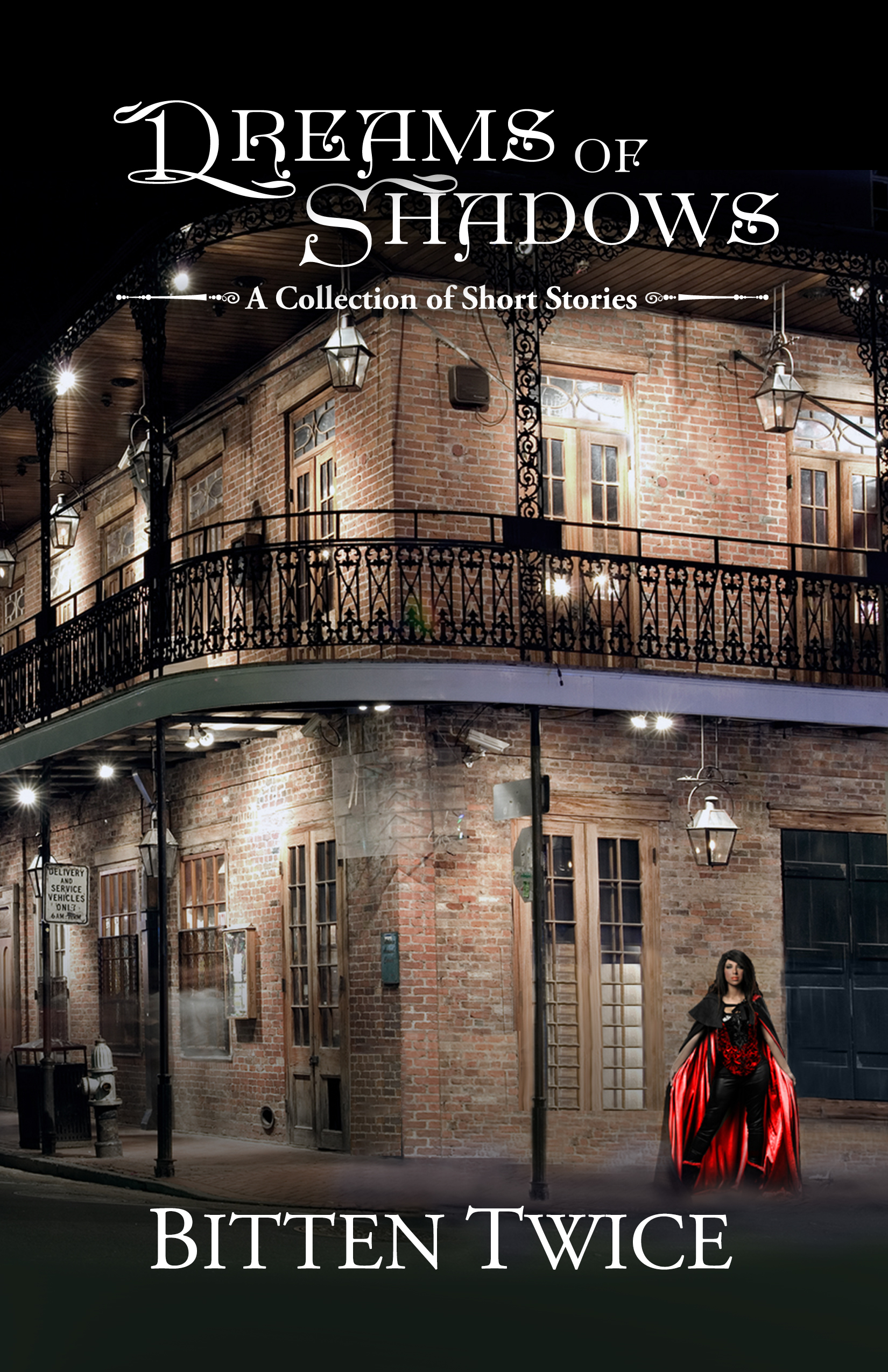 bookcover image shows a woman with a red-lined cape wearing a corset and pants standing outside a typical New Orleans brownstone corner house