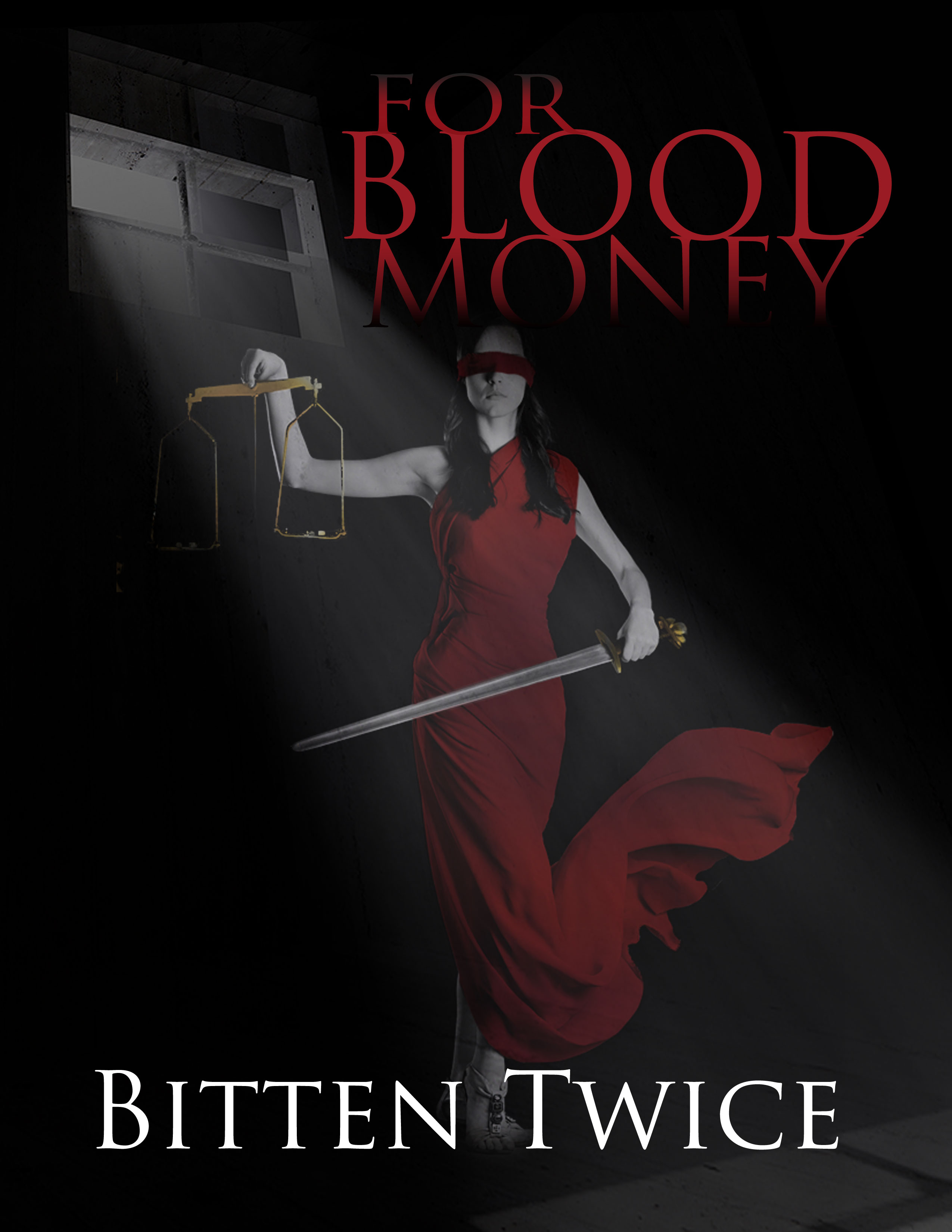 bookcover image shows lady justice wielding scales and a sword dressed in a red dress with a red blindfold; her dress moves in a wind but she is standing in a dark room highlighted by rays of a light shining through a small window