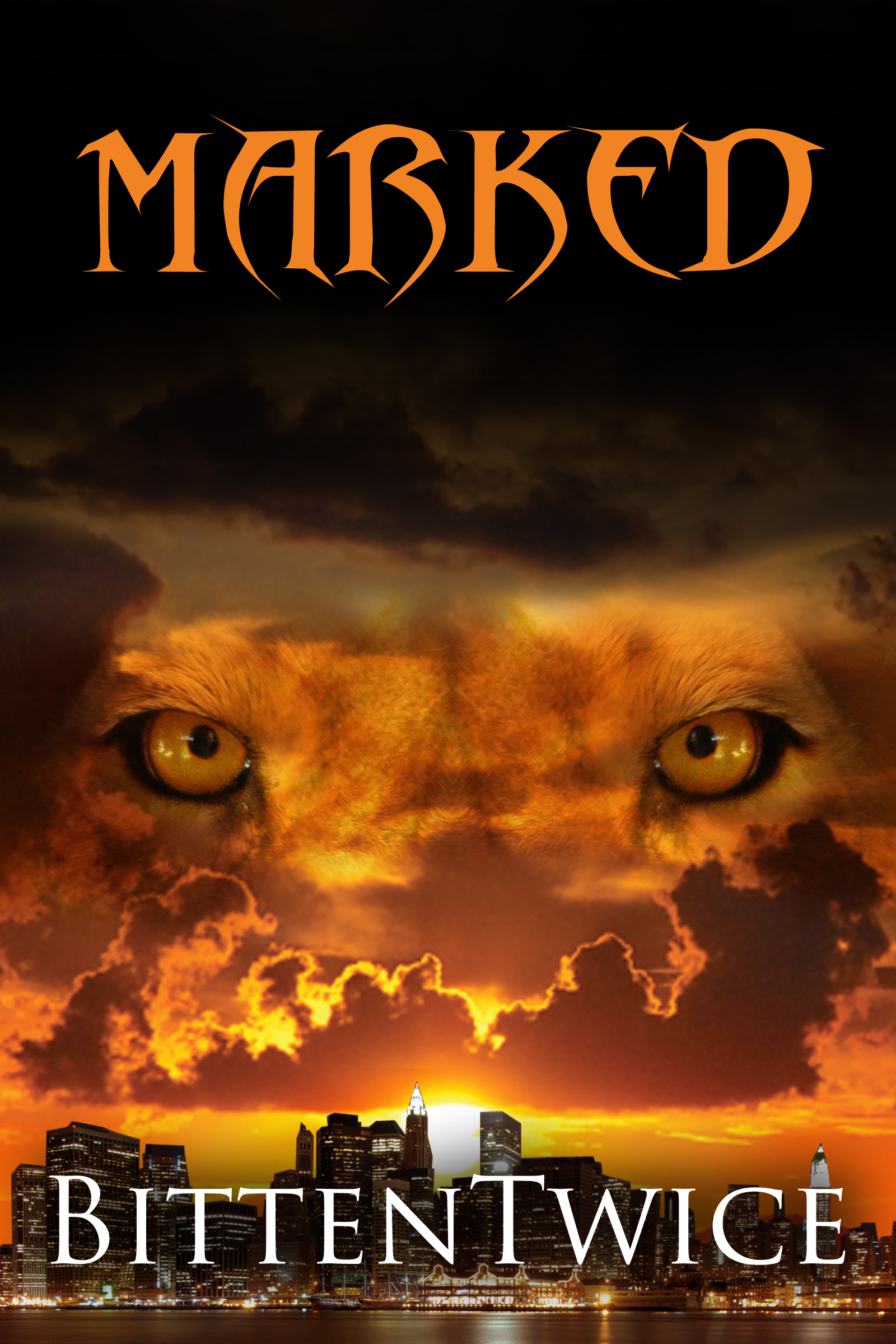 bookcover image shows the eyes of a lion peering through an orange sunset over the Manhatten skyline
