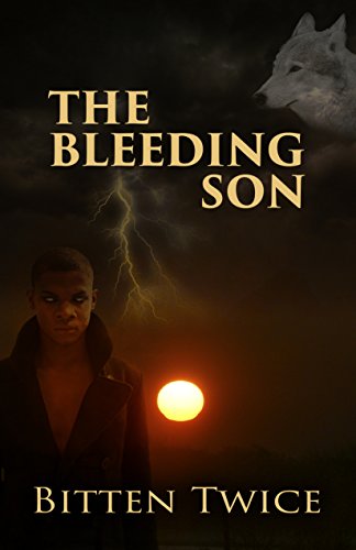 bookcover image shows a dark skinned male with black rimmed eyes in the foregrounds of a settting sun, thunder clouds threaten with lightning arcing, a wolf appears out of the clouds